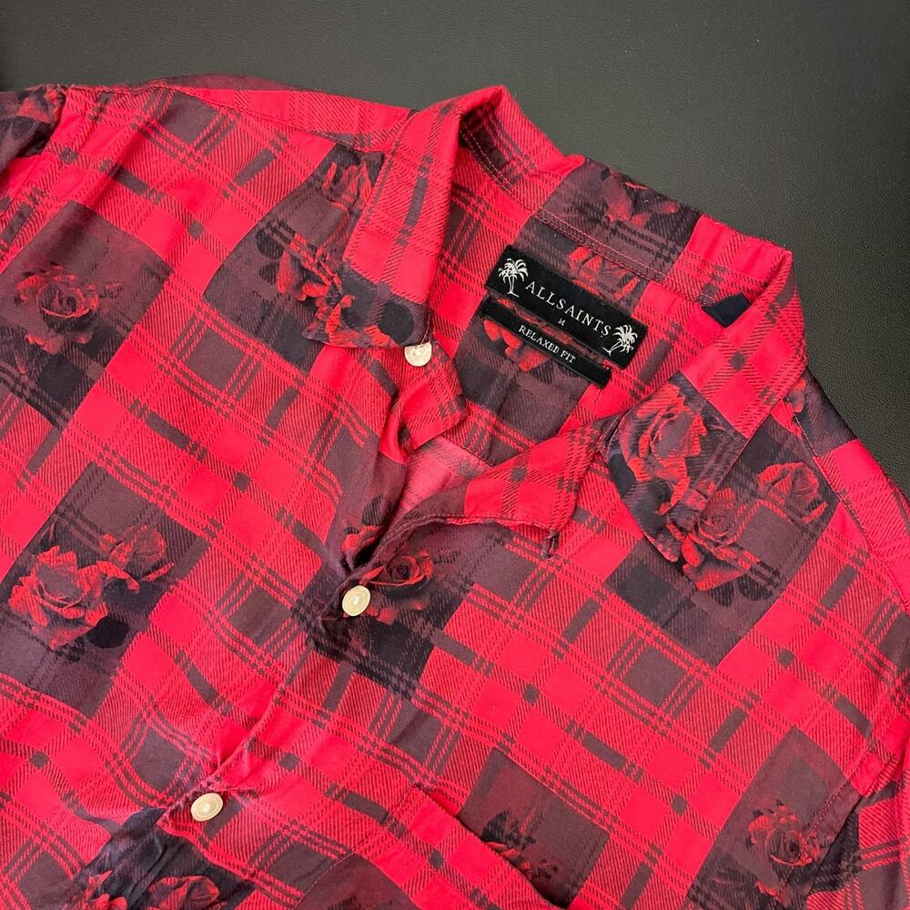 AllSaints Shirt Mens Medium Red Floral Plaid Relaxed Fit Button Up Loop Collar